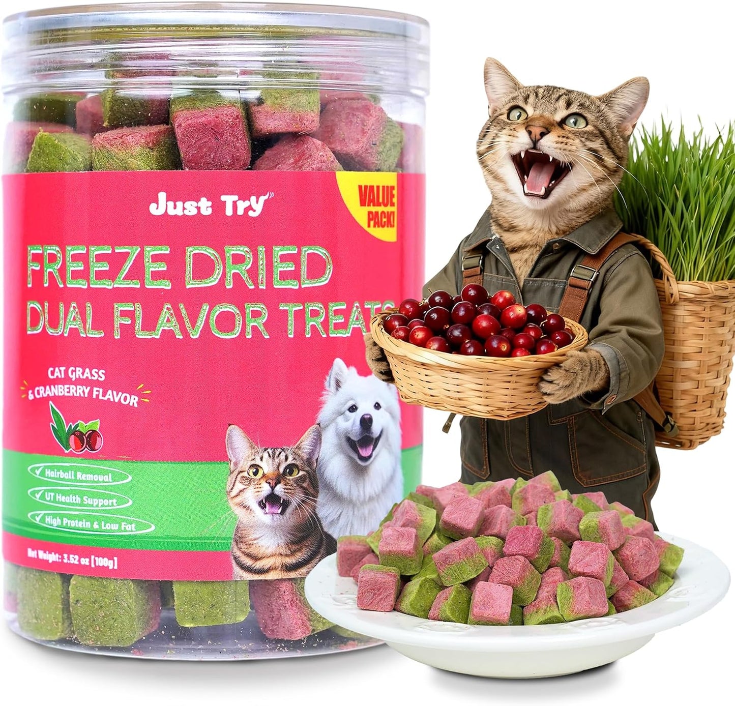 Just Try Freeze Dried Cat Treats 3.52 ounce container front view showcasing the dual flavor green and pink cubes.
