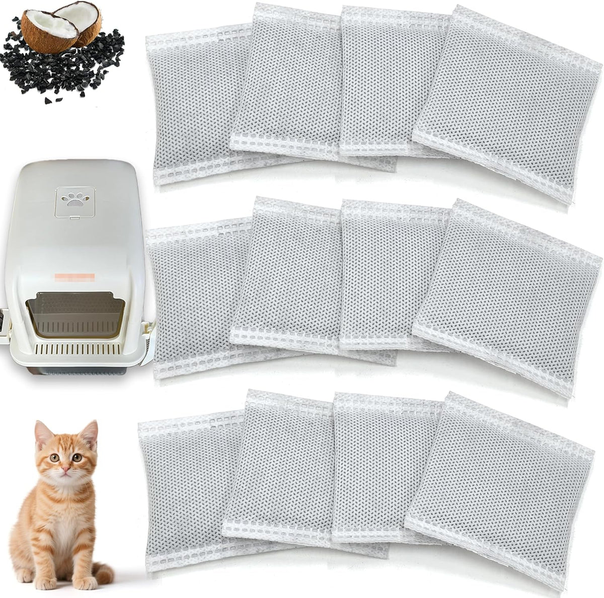 NewKe twelve pack odor remover refills front view premium activated charcoal filters for pet litter boxes.