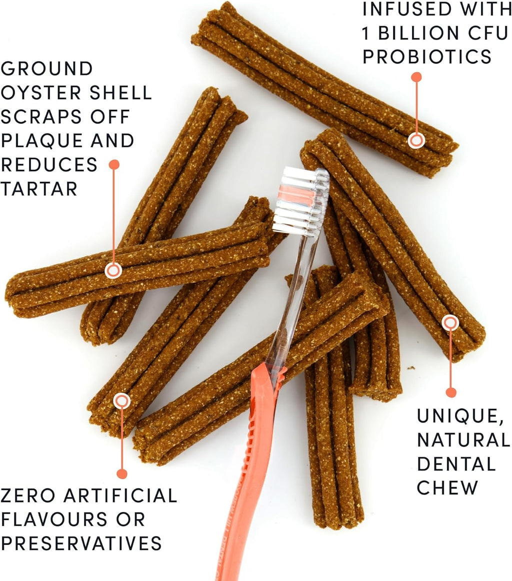 Dog eating a Crumps' Naturals Plaque Buster dental chew