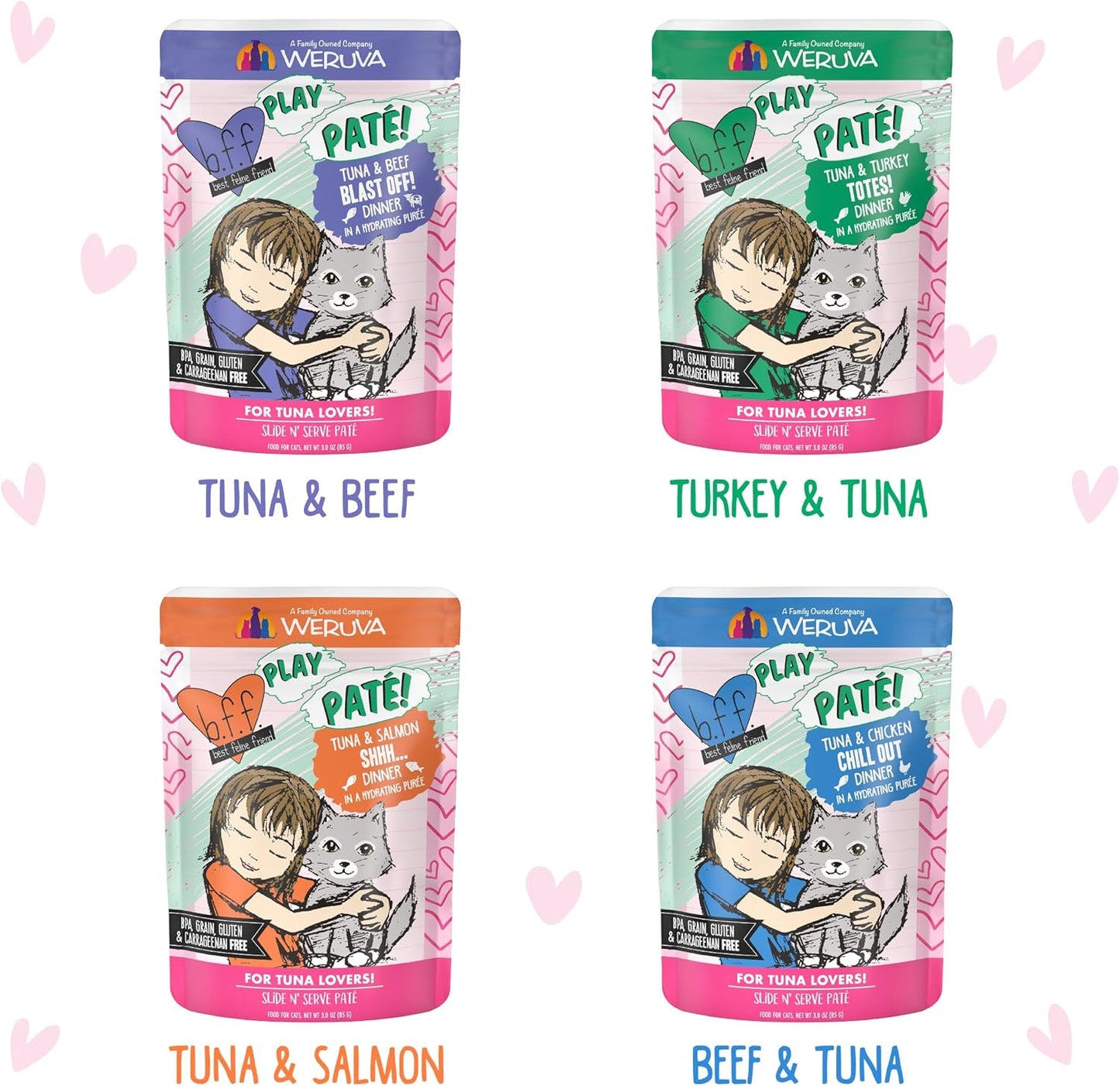 Weruva Best Feline Friend Play assortment including Tuna and Chicken Chill Out premium high moisture cat food.