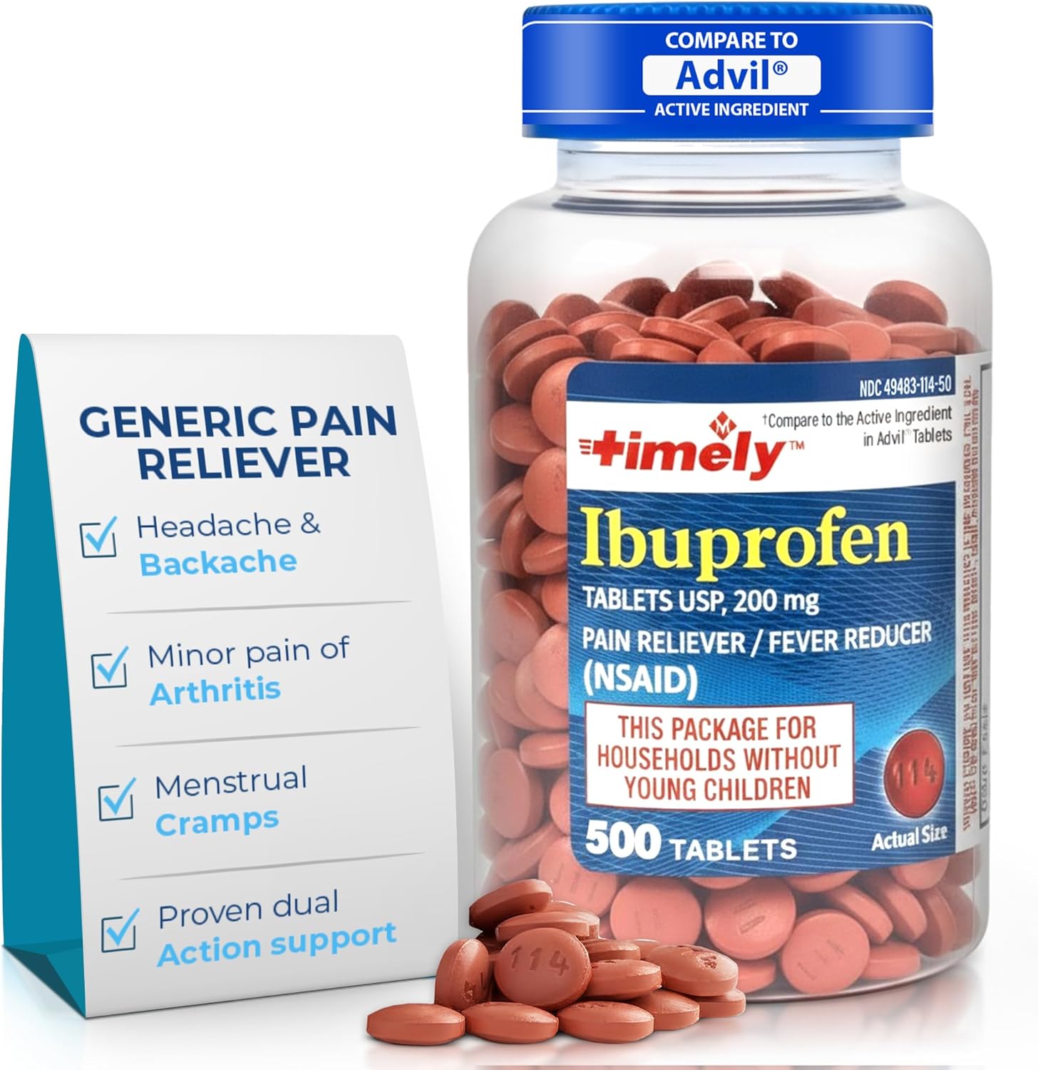TIME-Cap Labs 500 Tablets Ibuprofen 200mg Coated - Pain Reliever & Fever Reducer (NSAID) for Adults, Helps with Headache, Back Pain, Muscle Aches, Toothaches, Menstrual Cramps & Minor Arthritis Pain - Image 1