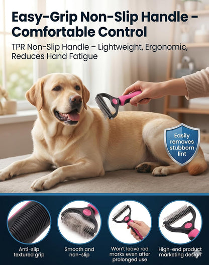 Luxenor pet dematting comb in use on a dog with thick hair