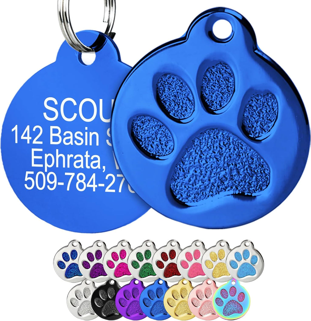 GoTags Paw Print Round Stainless Steel Pet Tag for Dogs and Cats, Personalized with 4 Lines of Custom Engraved ID Name and Number, in Stainless Steel and 15 Colors Small and Large, Glitter Blue - Image 15