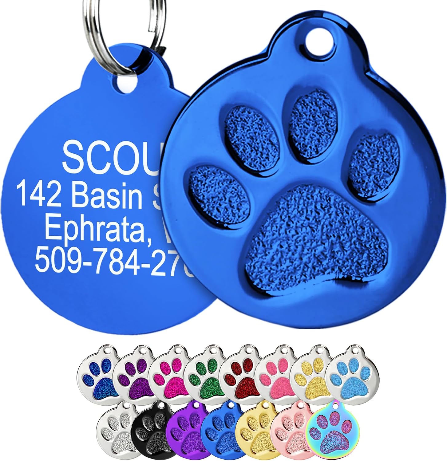 GoTags Paw Print Round Stainless Steel Pet Tag for Dogs and Cats, Personalized with 4 Lines of Custom Engraved ID Name and Number, in Stainless Steel and 15 Colors Small and Large, Glitter Blue - Image 15