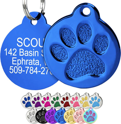 GoTags Paw Print Round Stainless Steel Pet Tag for Dogs and Cats, Personalized with 4 Lines of Custom Engraved ID Name and Number, in Stainless Steel and 15 Colors Small and Large, Glitter Blue - Image 15