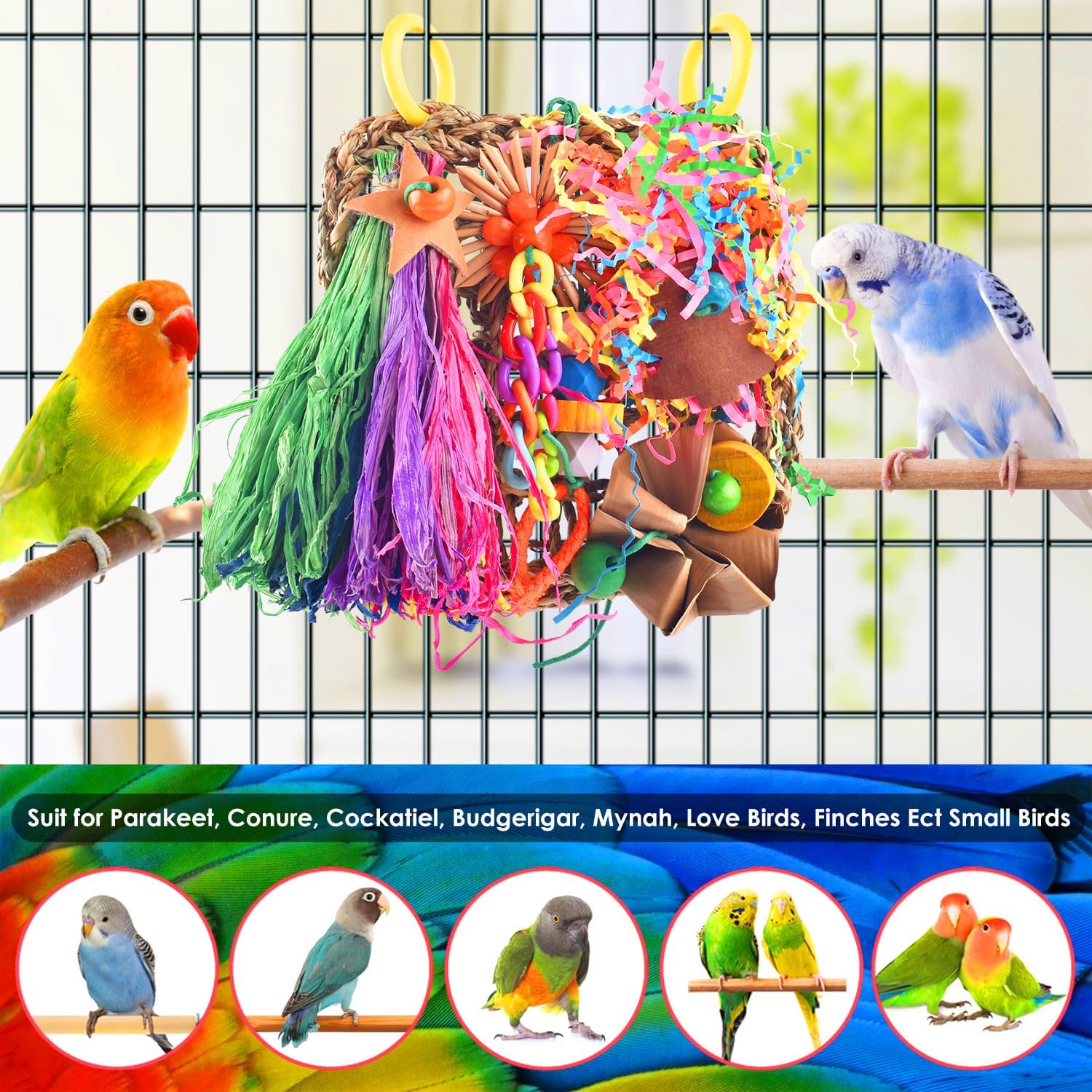 Two metal safety hooks attached to the top corners of the KATUMO bird activity mat.