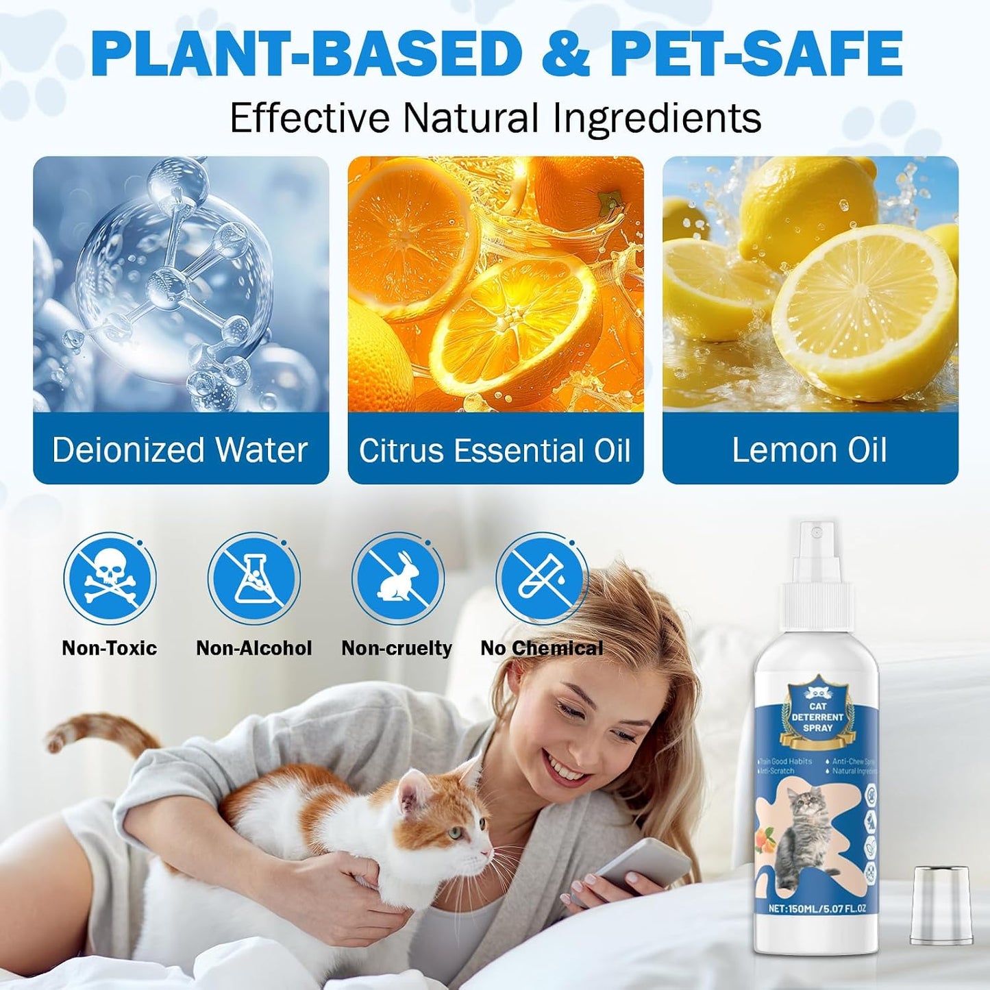 Natural citrus cat repellent spray bottle showing pet training instructions