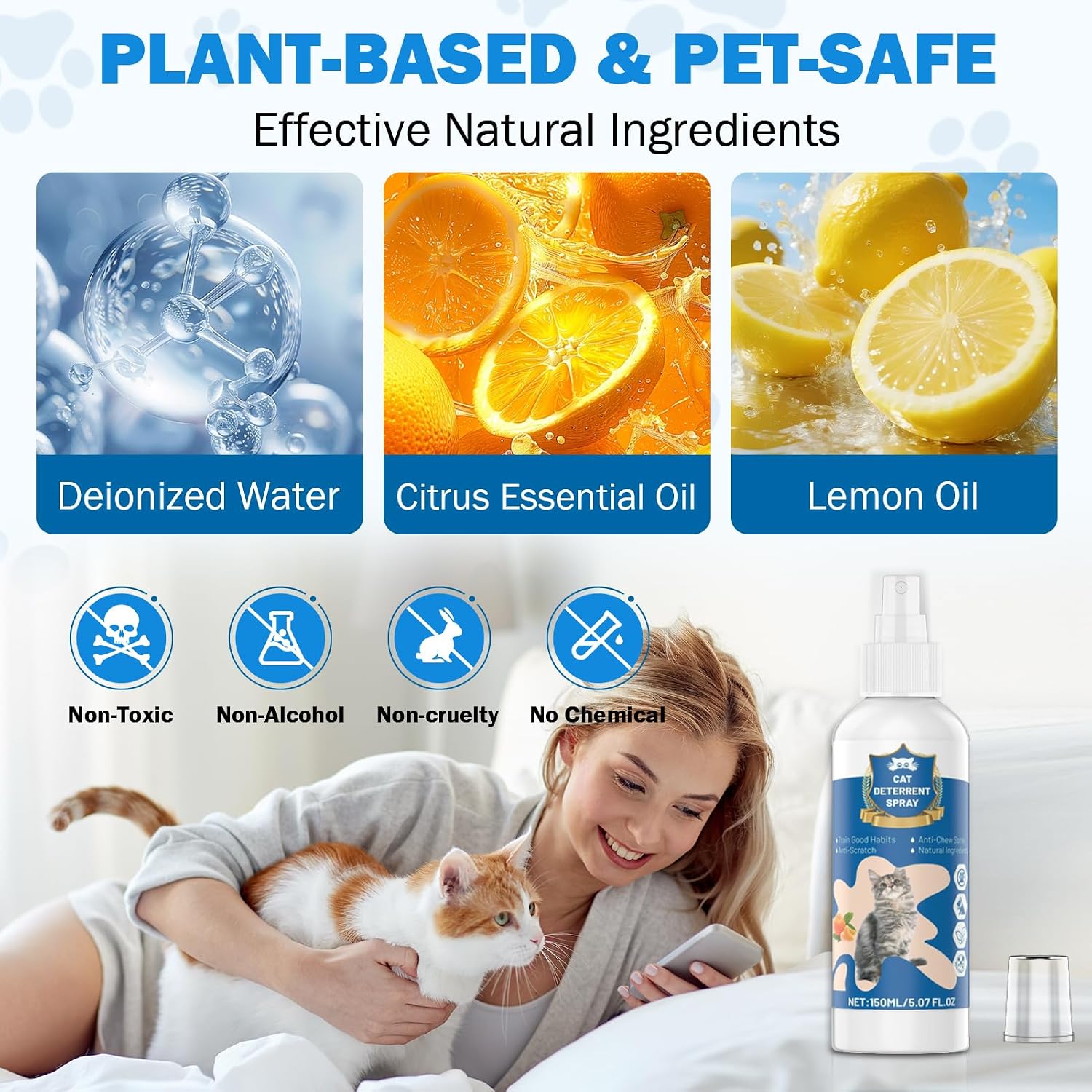 Natural citrus cat repellent spray bottle showing pet training instructions