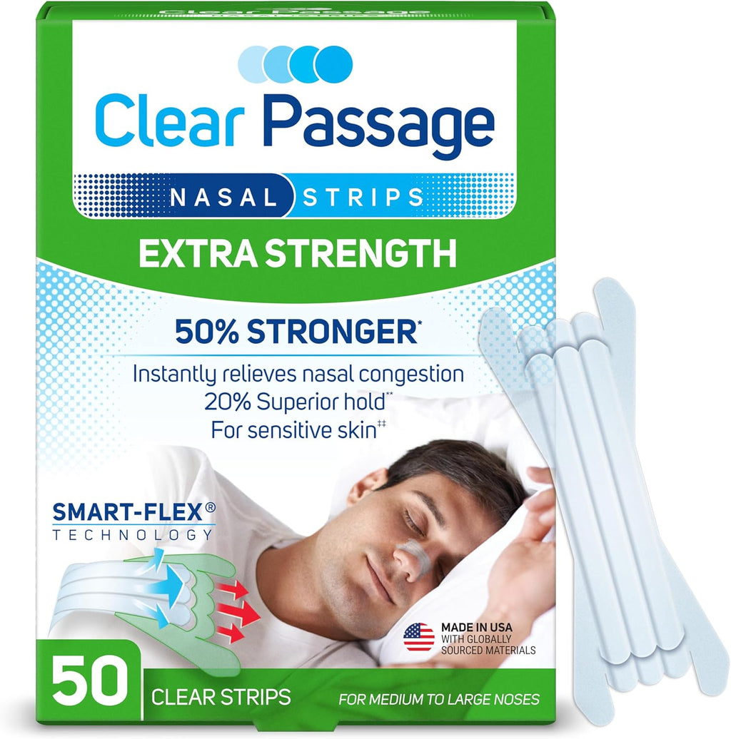 Clear Passage Nasal Strips Extra Strength 50 Count box front view for snoring relief.