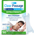 Clear Passage Nasal Strips Extra Strength 50 Count box front view for snoring relief.
