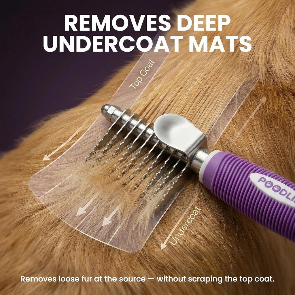 Poodlie purple pet grooming rake tool for dogs and cats undercoat detangling.