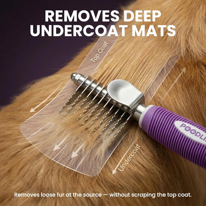Poodlie purple pet grooming rake tool for dogs and cats undercoat detangling.
