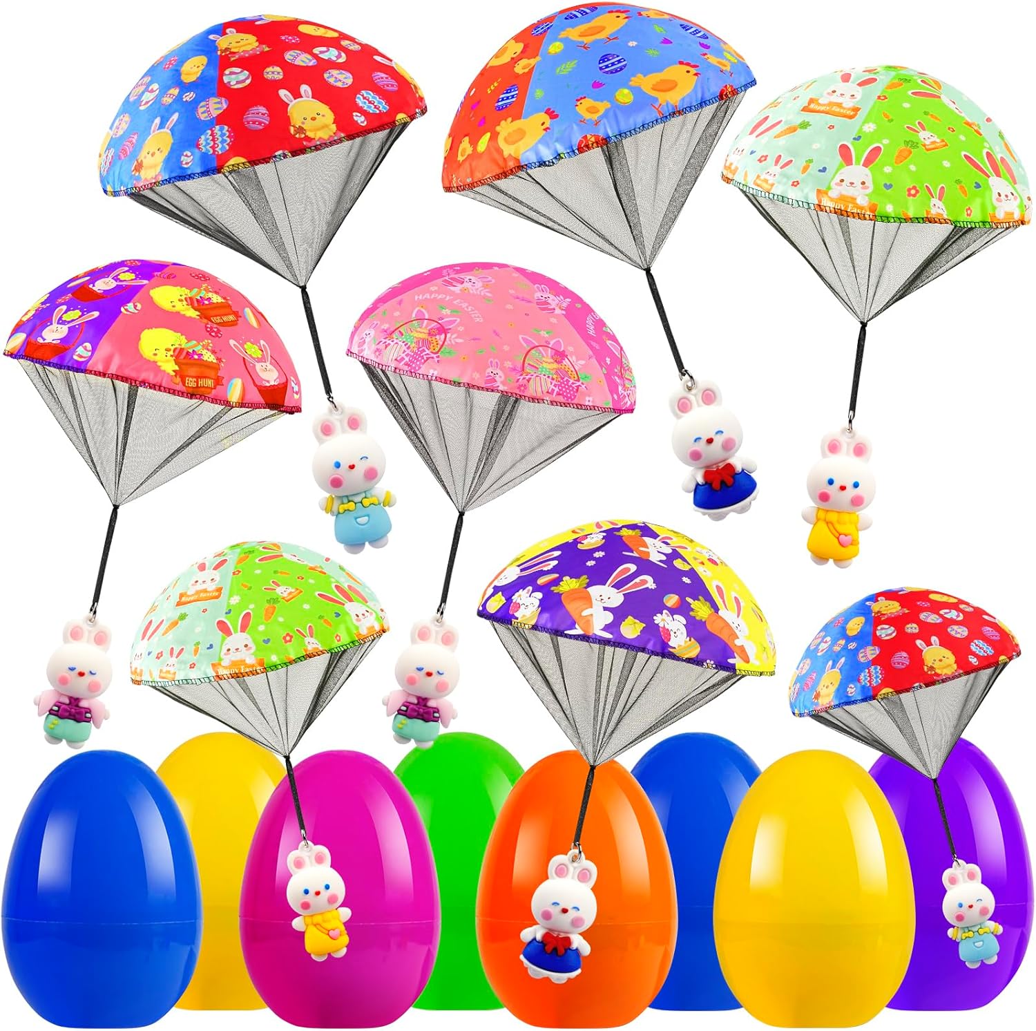 CPSYUB prefilled easter eggs with parachute toys front view showcasing colourful shells and bunny figures.