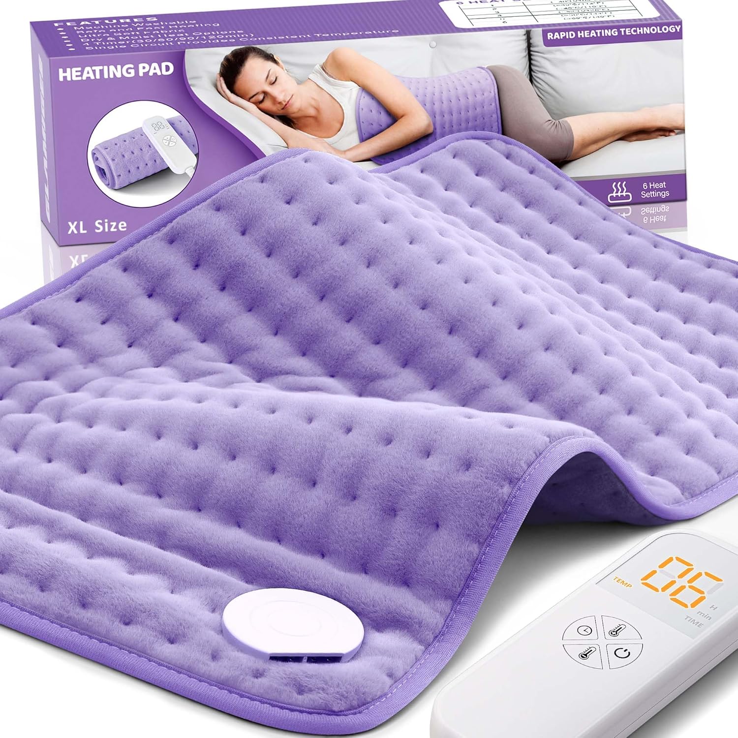Glamigee electric heating pad front view showing purple plush fabric and digital controller for back pain relief