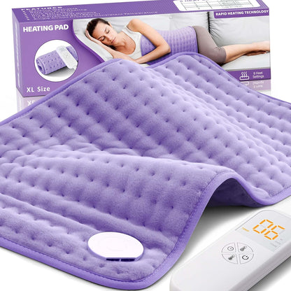 Glamigee electric heating pad front view showing purple plush fabric and digital controller for back pain relief