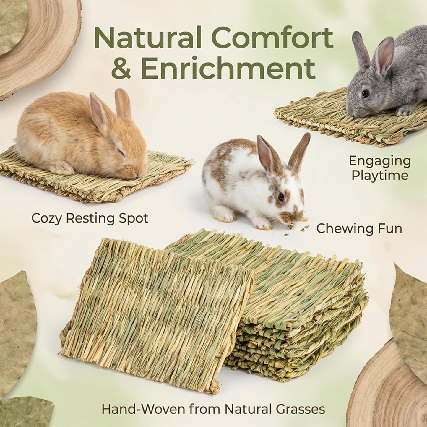 Small rabbit resting on natural hay woven cage mat