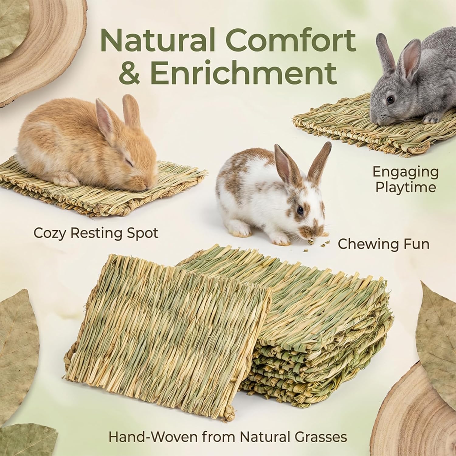 Small rabbit resting on natural hay woven cage mat