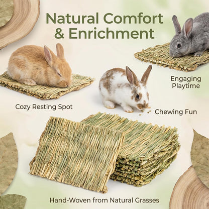 Small rabbit resting on natural hay woven cage mat