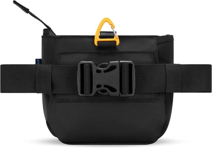 Side profile of the Raven black dog walking bag highlighting the water resistant nylon material