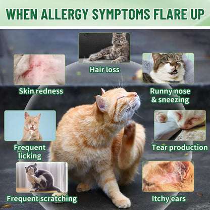 Natural cat supplement for seasonal allergy skin relief showing active ingredient labels