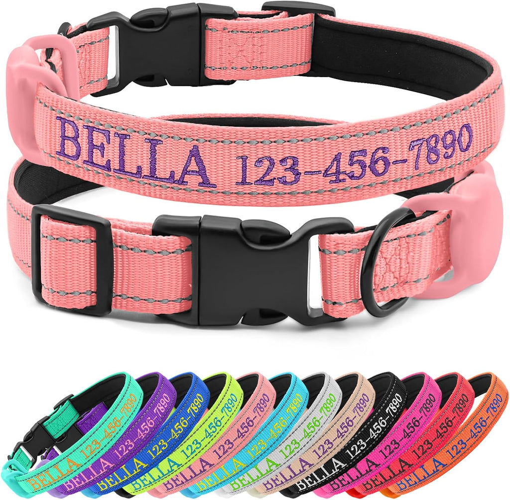 CHRYMPETIC personalized dog collar pink front view custom embroidery detail