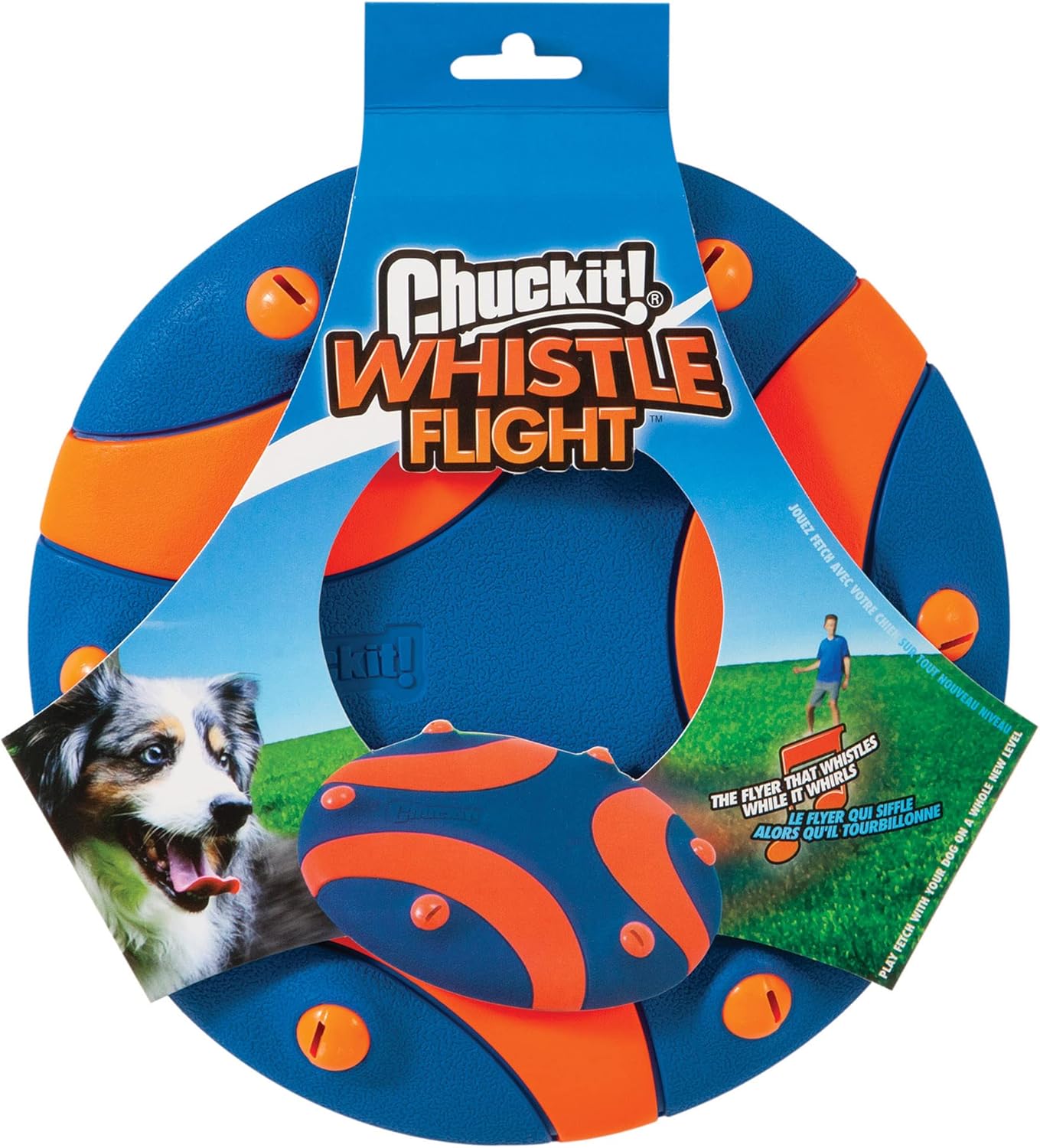 Orange and blue Chuckit! Whistle Flight flying disc for dogs