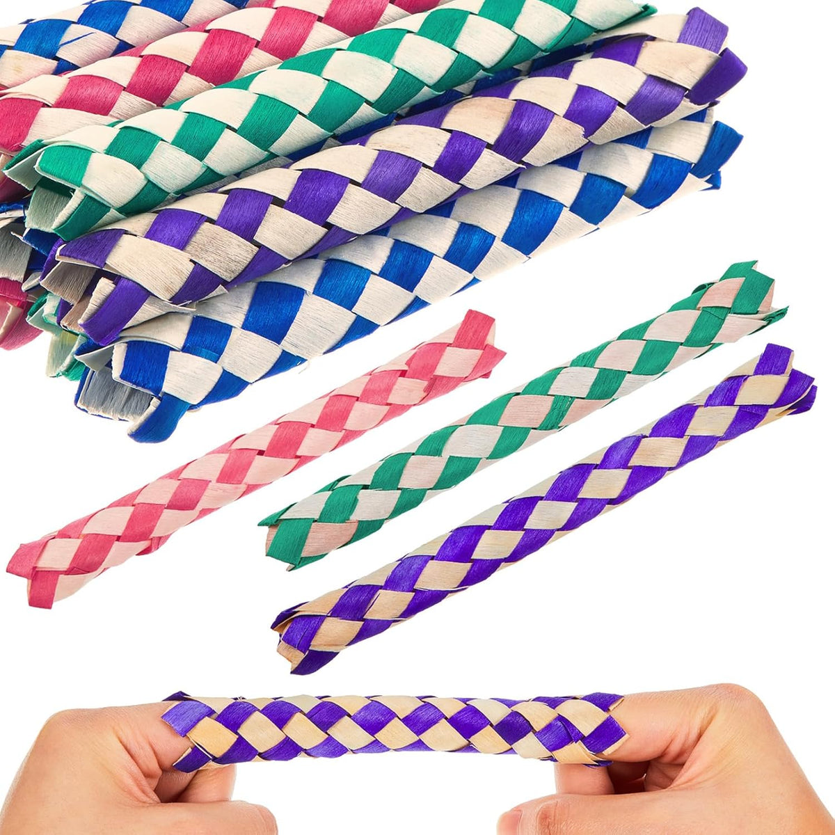 Assorted vibrant red green and blue bamboo finger traps in packaging