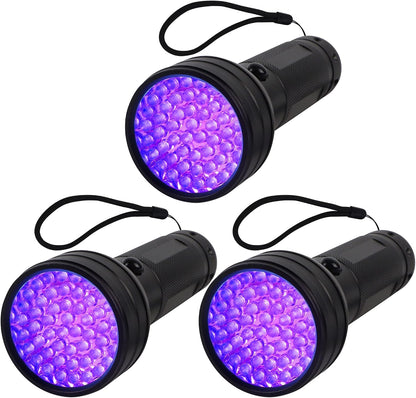 Liooty three pack UV flashlight front view showing premium aluminum body for stain detection.