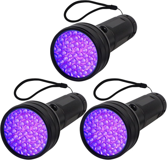 Liooty three pack UV flashlight front view showing premium aluminum body for stain detection.