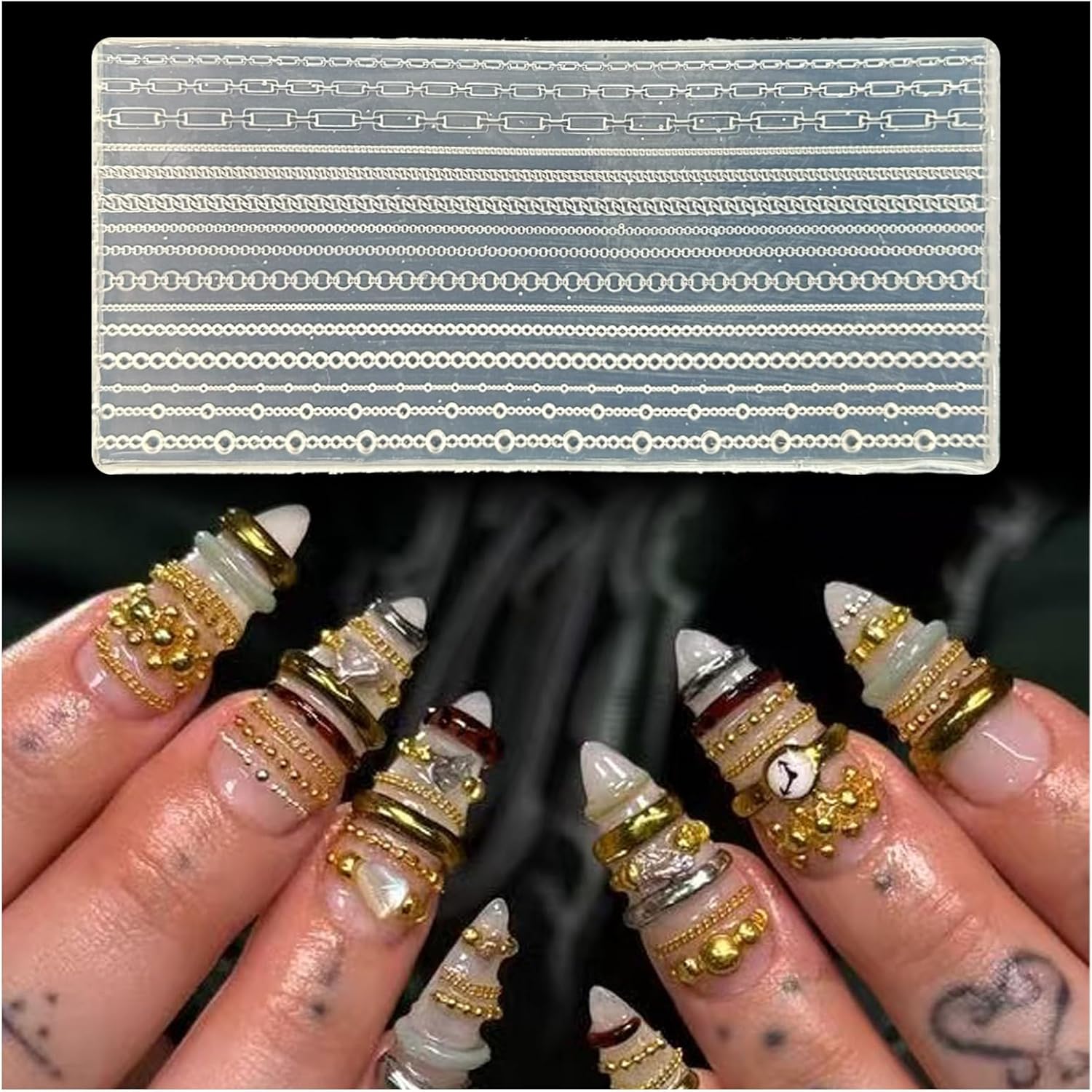 Gehaiwo 3D chain nail mold front view showing multiple necklace shapes for manicure art.
