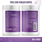 Instructional graphic for using Pet MD finger wipes on dog ear