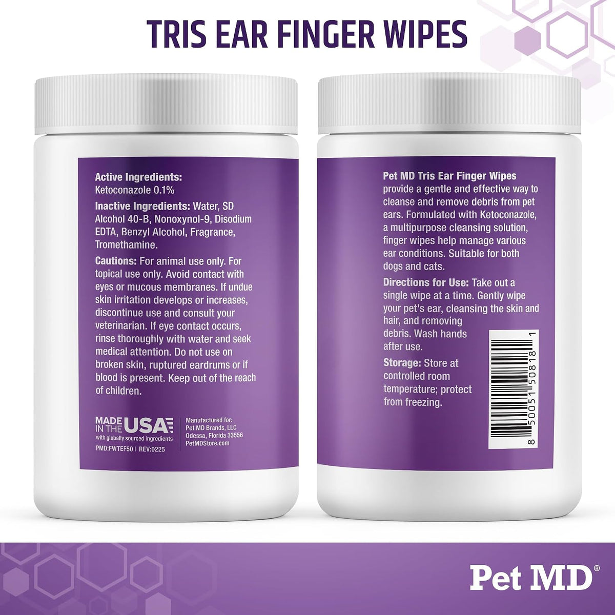Instructional graphic for using Pet MD finger wipes on dog ear