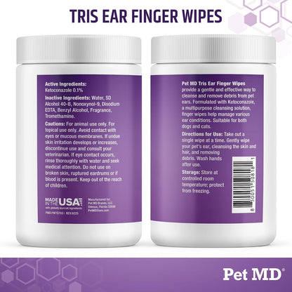 Instructional graphic for using Pet MD finger wipes on dog ear