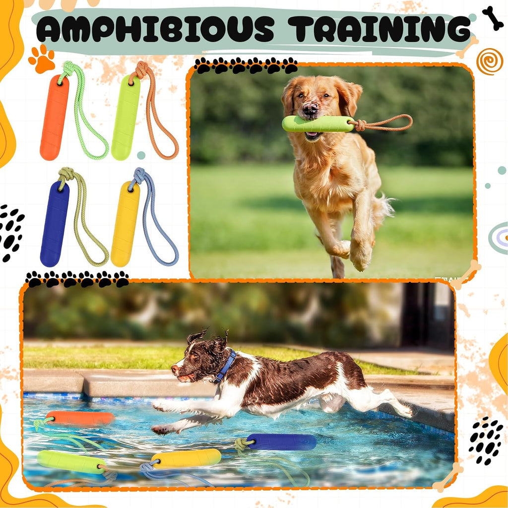 Blue and green Ethylene Vinyl Acetate foam dog toys with durable nylon rope handles for long distance throwing.