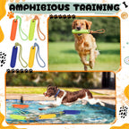 Blue and green Ethylene Vinyl Acetate foam dog toys with durable nylon rope handles for long distance throwing.