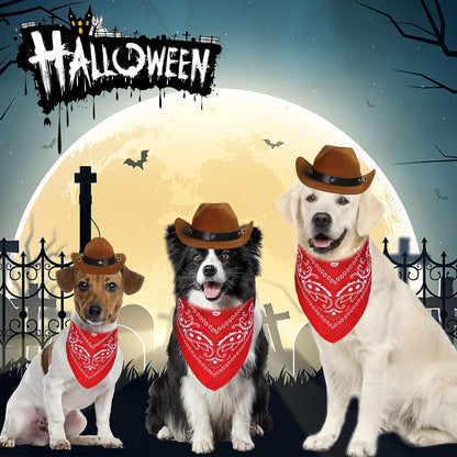 Pet cowboy hat with adjustable elastic strap and red paisley bandana
