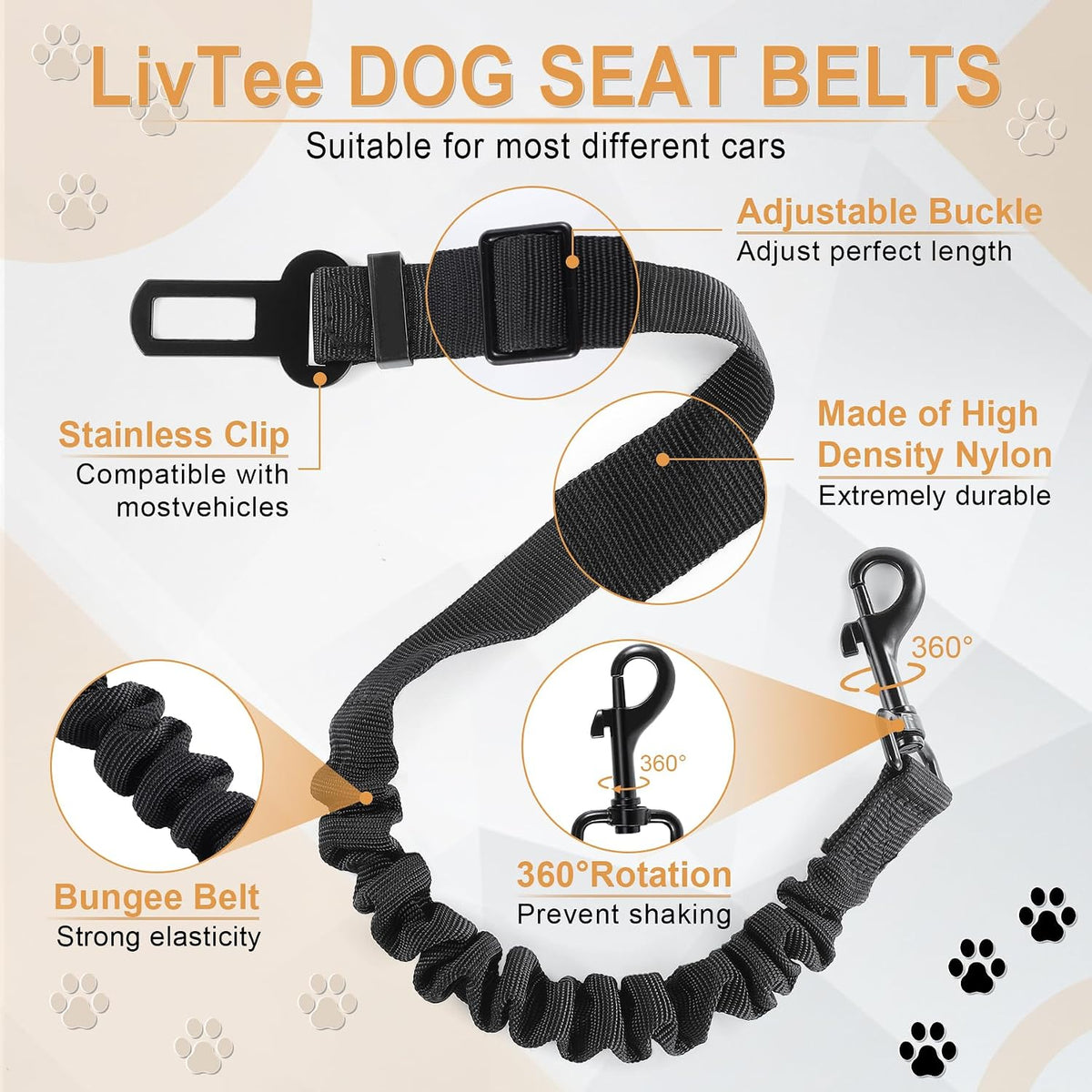 Dog seat belt showing elastic bungee buffer mechanism