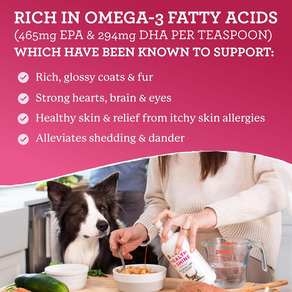 Pure Omega-3 EPA and DHA rich liquid pet supplement being added directly onto dog food.