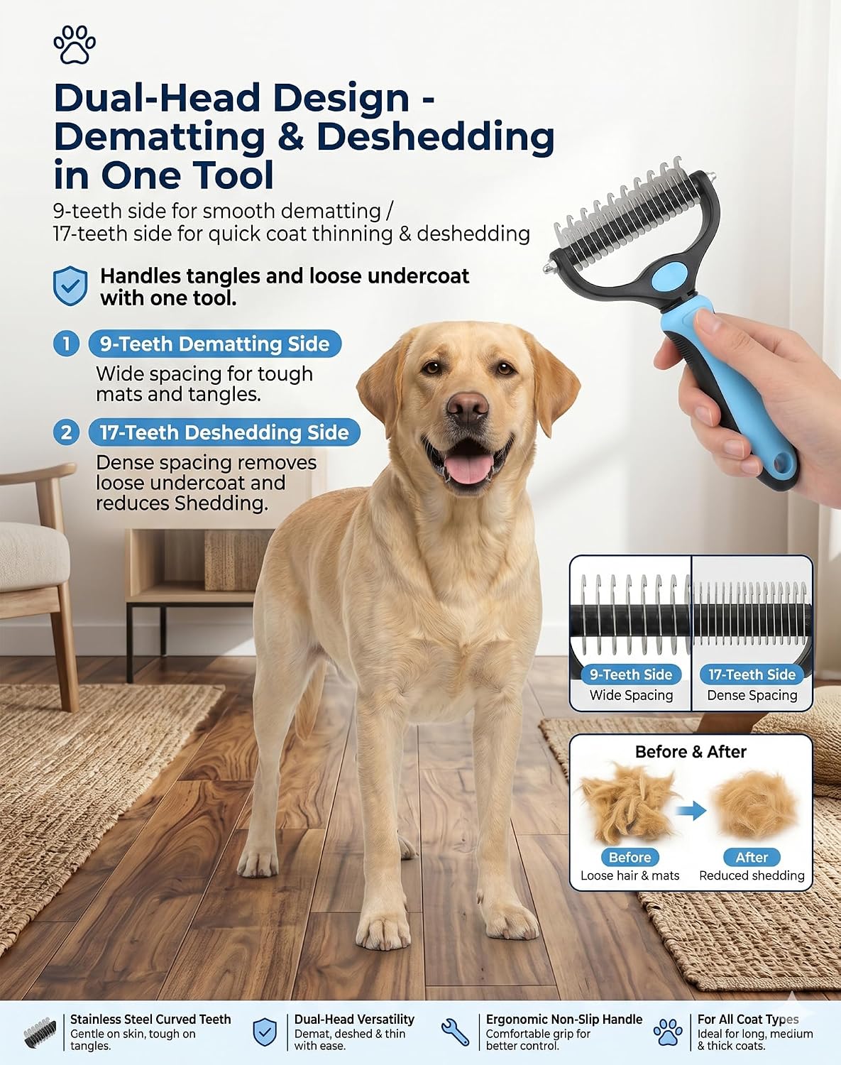 Close up of Luxenor pet grooming tool dual-sided stainless steel blades