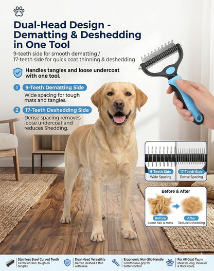Close up of Luxenor pet grooming tool dual-sided stainless steel blades