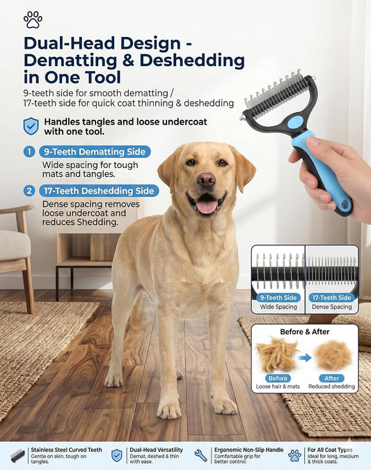 Close up of Luxenor pet grooming tool dual-sided stainless steel blades