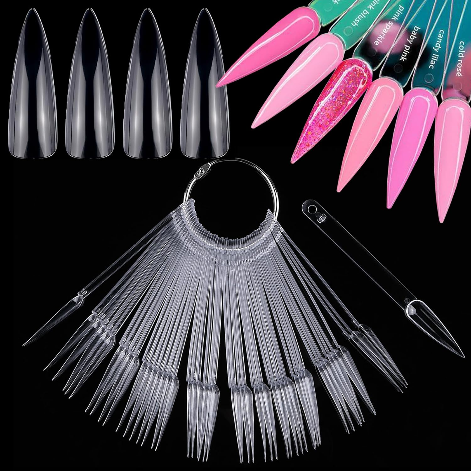 LoveOurHome stiletto nail swatch sticks front view with metal ring