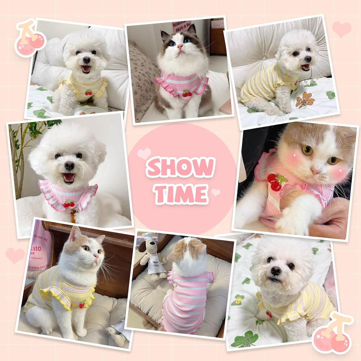 Pink and yellow striped dog vest with cherry print