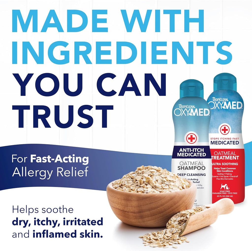 Back label of TropiClean OxyMed medicated shampoo showing ingredients and clear usage directions
