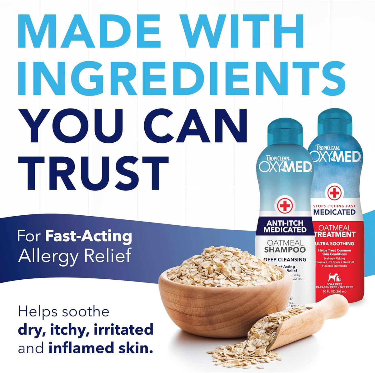 Back label of TropiClean OxyMed medicated shampoo showing ingredients and clear usage directions