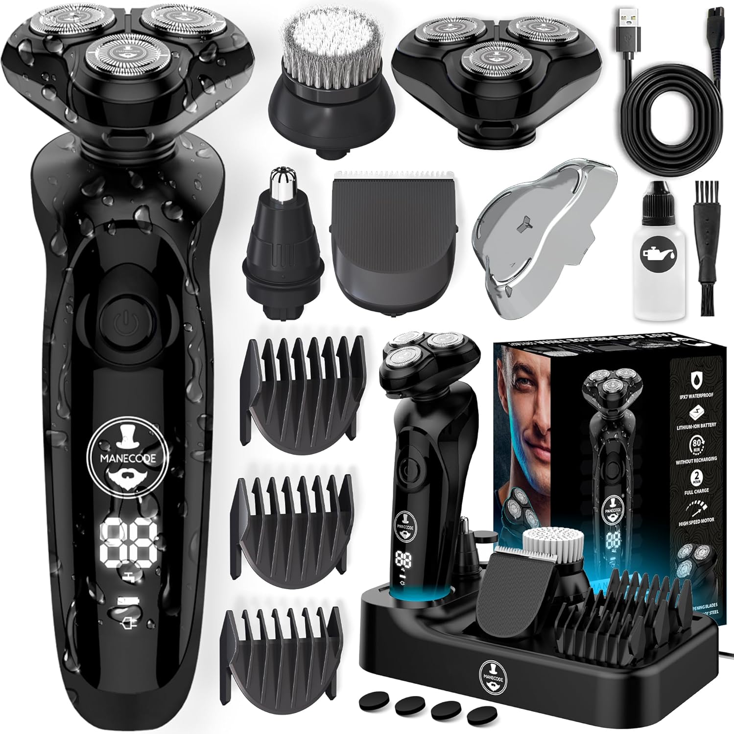 MANECODE seven in one electric razor for men front view showing sleek black handle and premium LED status display dashboard