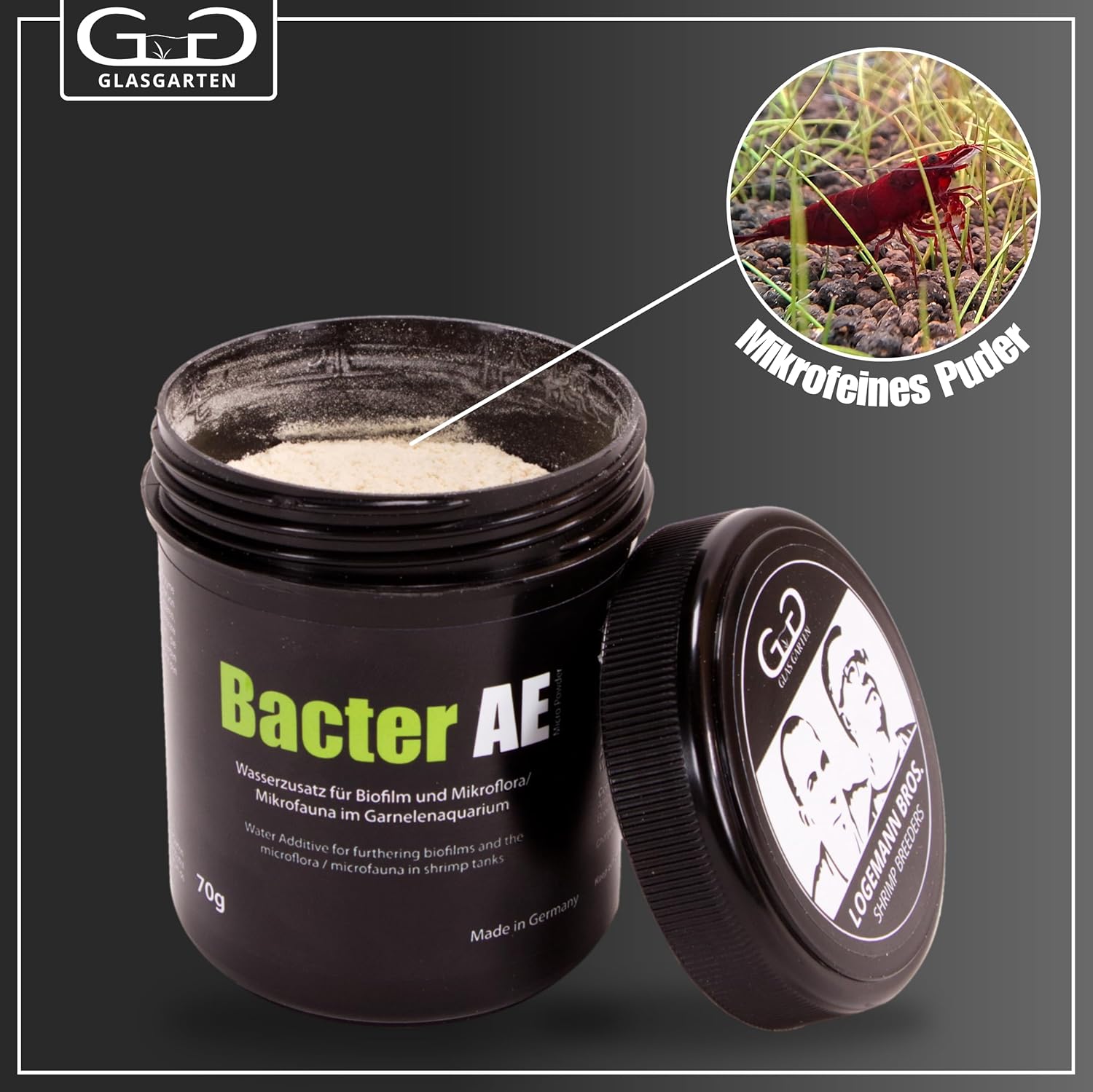 Close up view of GlasGarten Bacter AE water additive powder container for healthy shrimplet rearing.