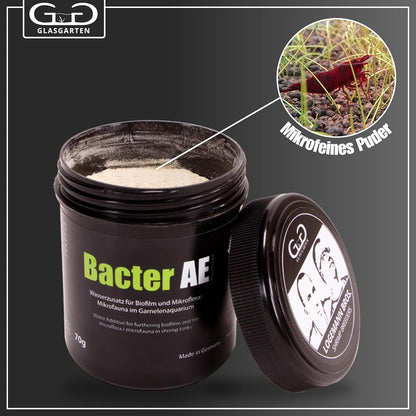 Close up view of GlasGarten Bacter AE water additive powder container for healthy shrimplet rearing.