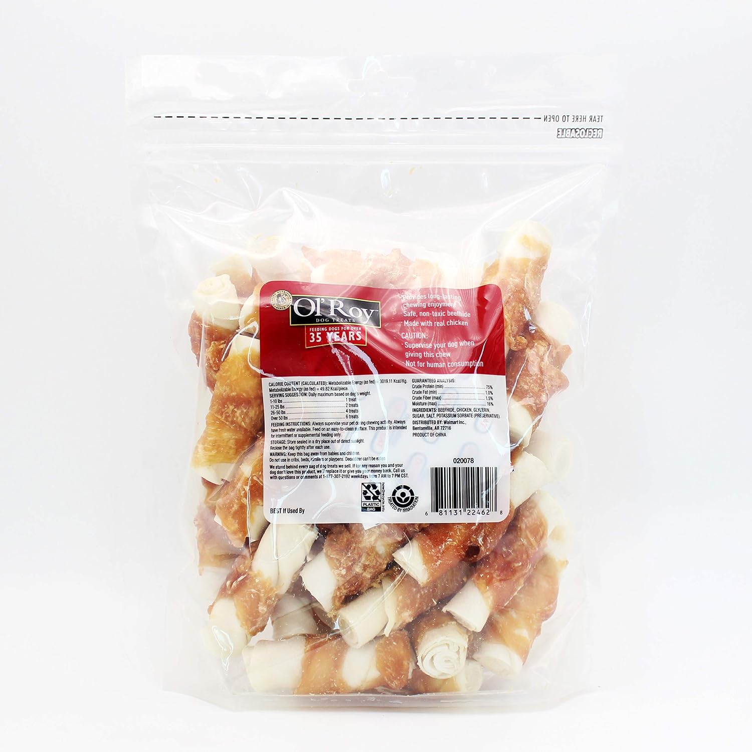 Close up view of authentic USA imported Ol' Roy chicken wrapped beefhide rolls for dogs