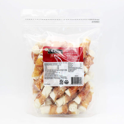 Close up view of authentic USA imported Ol' Roy chicken wrapped beefhide rolls for dogs